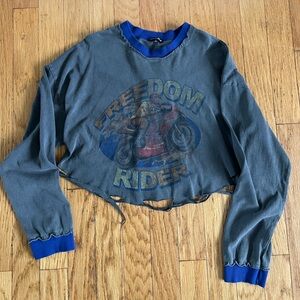 Fashion Nova Gray and Blue Freedom Rider Sweatshirt